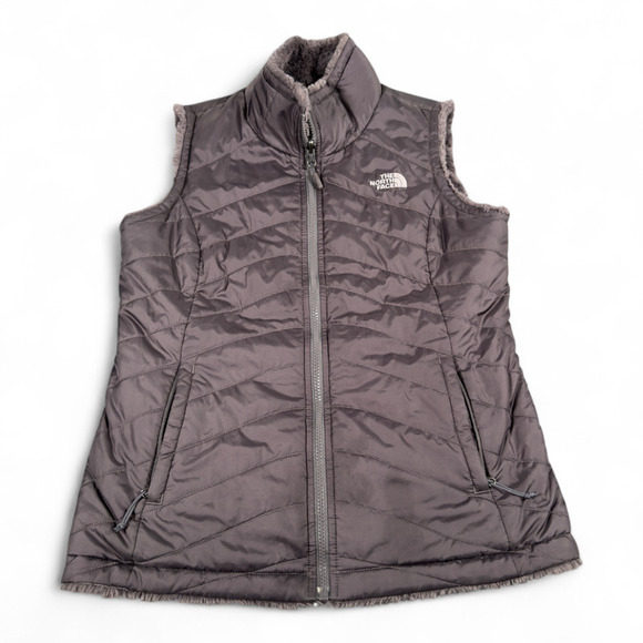 North Face Vest Womens SMALL Gray Mossbud Reversible Quilted Sherpa Fleece - Picture 1 of 12
